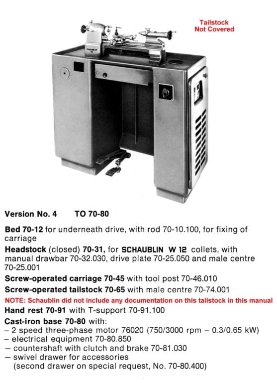 Schaublin Version No. 4 TO 70-80 Precision Toolmaker's Lathes Operating Instructions and Parts Manual