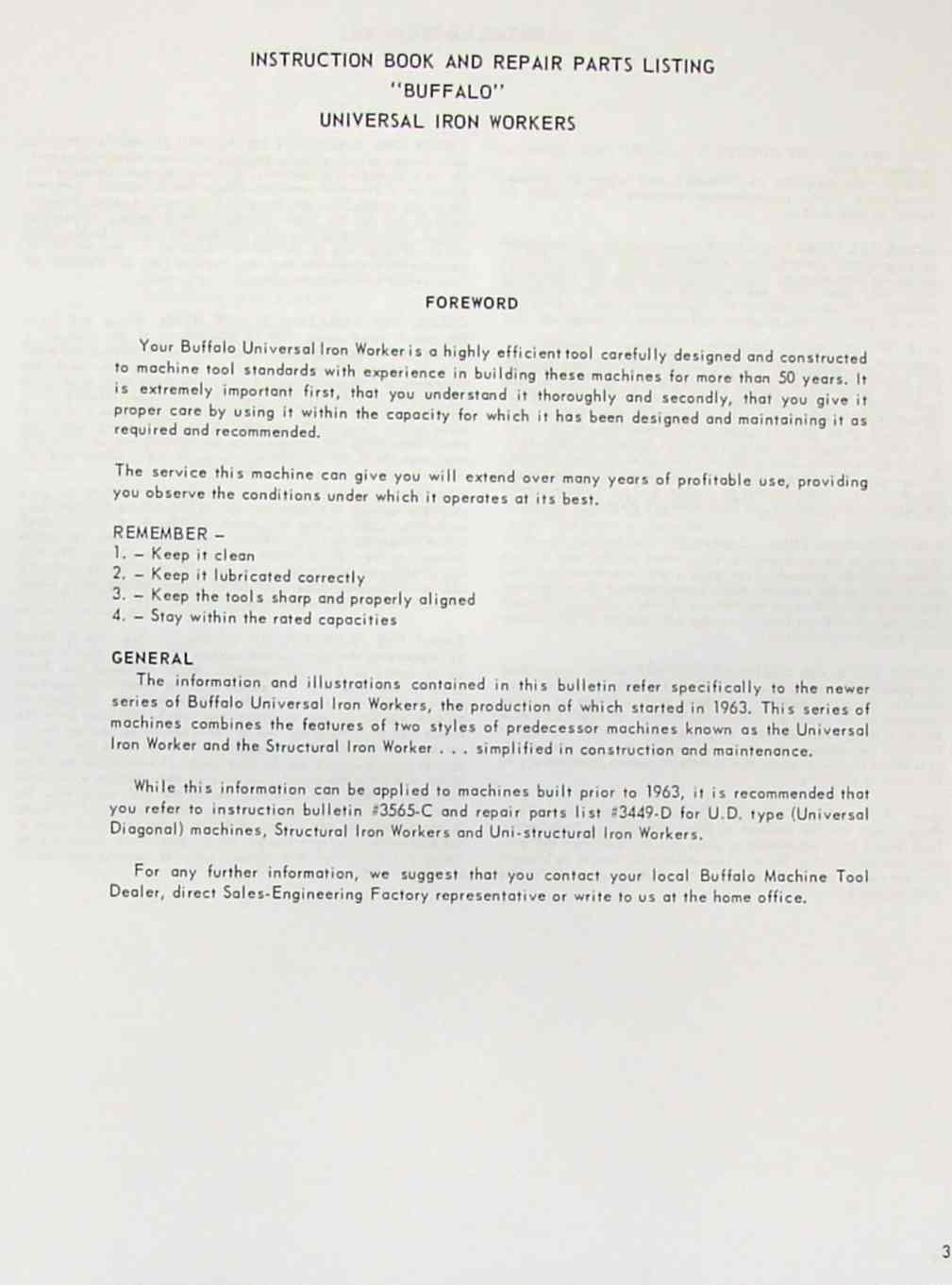 BUFFALO Universal Iron Workers Operator's & Part Manual