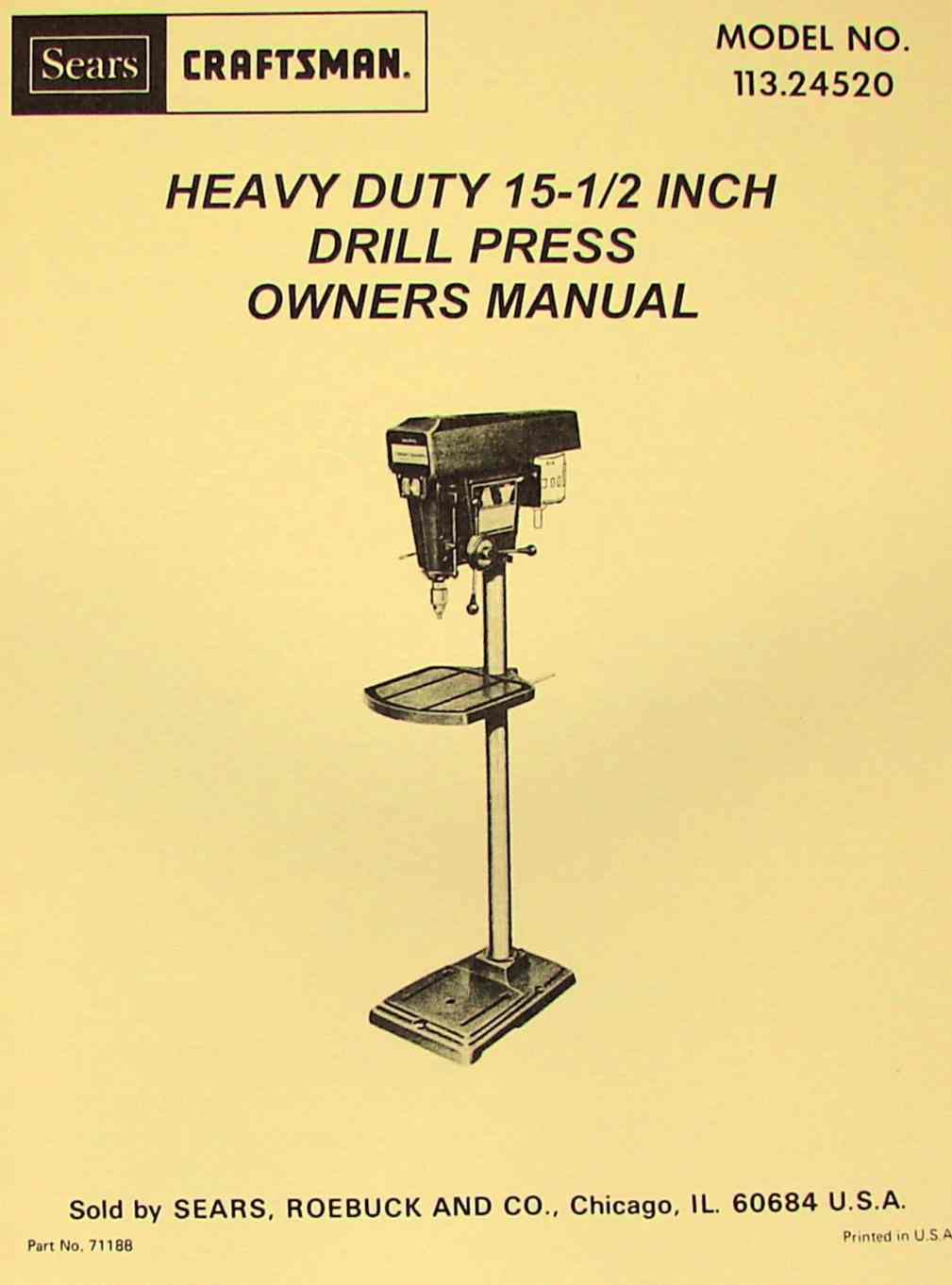 CRAFTSMAN-SEARS 15" 1/2 Heavy Duty Drill Press 113.24520 Manual | Ozark  Tool Manuals & Books