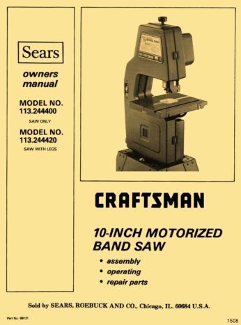 CRAFTSMAN 113.244400 & 113.244420 10" Band Saw Sander Owner Operator Parts Manual